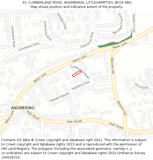 33, CUMBERLAND ROAD, ANGMERING, LITTLEHAMPTON, BN16 4BG: Location map and indicative extent of plot