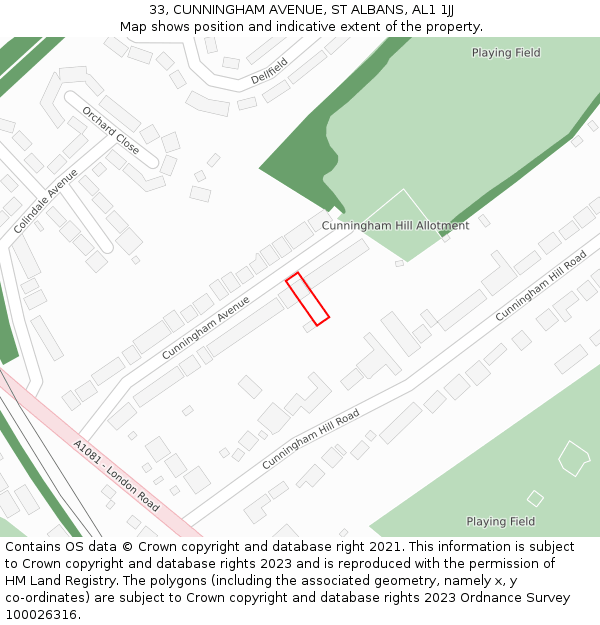 33, CUNNINGHAM AVENUE, ST ALBANS, AL1 1JJ: Location map and indicative extent of plot
