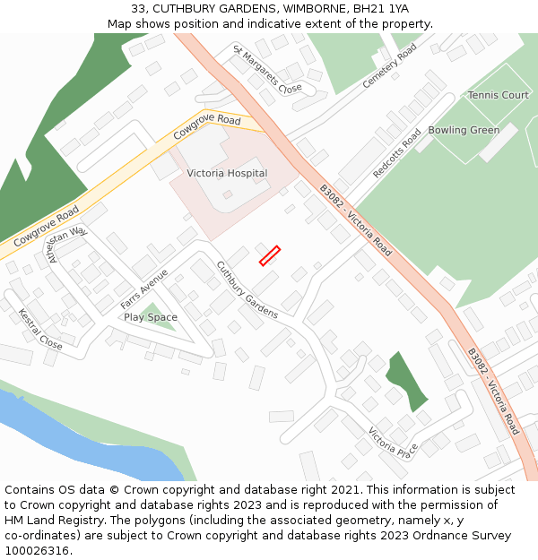 33, CUTHBURY GARDENS, WIMBORNE, BH21 1YA: Location map and indicative extent of plot