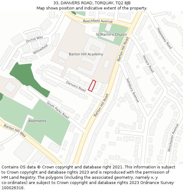 33, DANVERS ROAD, TORQUAY, TQ2 8JB: Location map and indicative extent of plot