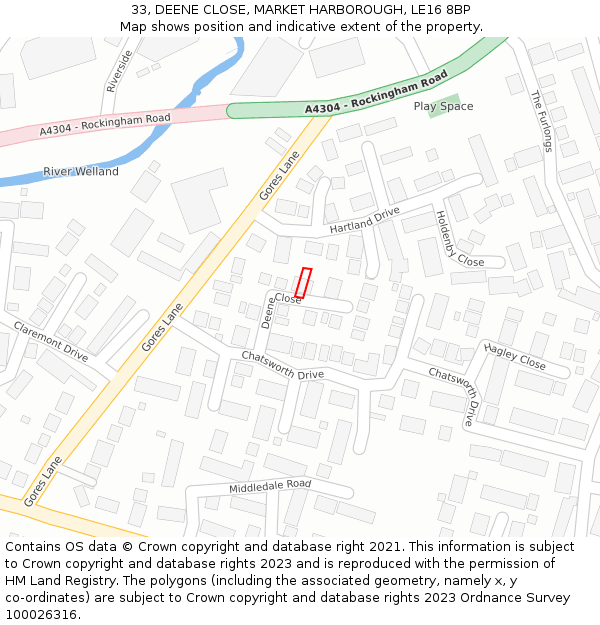 33, DEENE CLOSE, MARKET HARBOROUGH, LE16 8BP: Location map and indicative extent of plot