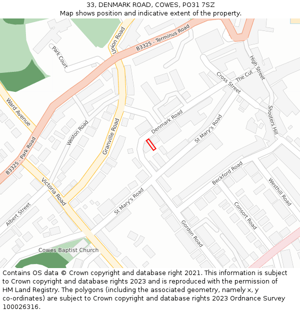 33, DENMARK ROAD, COWES, PO31 7SZ: Location map and indicative extent of plot