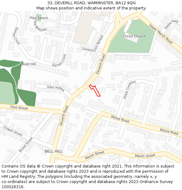 33, DEVERILL ROAD, WARMINSTER, BA12 9QN: Location map and indicative extent of plot