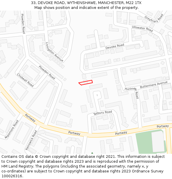 33, DEVOKE ROAD, WYTHENSHAWE, MANCHESTER, M22 1TX: Location map and indicative extent of plot