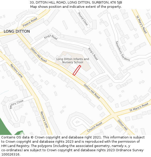 33, DITTON HILL ROAD, LONG DITTON, SURBITON, KT6 5JB: Location map and indicative extent of plot