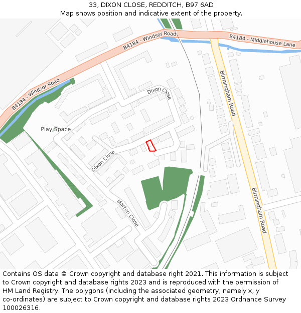33, DIXON CLOSE, REDDITCH, B97 6AD: Location map and indicative extent of plot