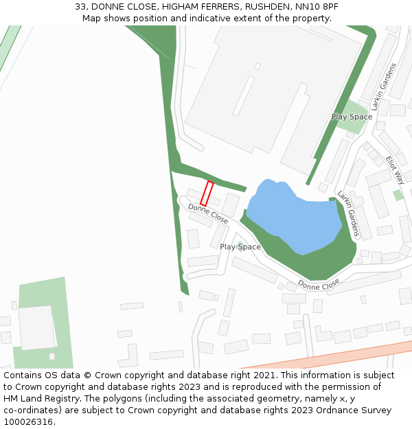 33, DONNE CLOSE, HIGHAM FERRERS, RUSHDEN, NN10 8PF: Location map and indicative extent of plot