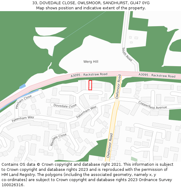 33, DOVEDALE CLOSE, OWLSMOOR, SANDHURST, GU47 0YG: Location map and indicative extent of plot