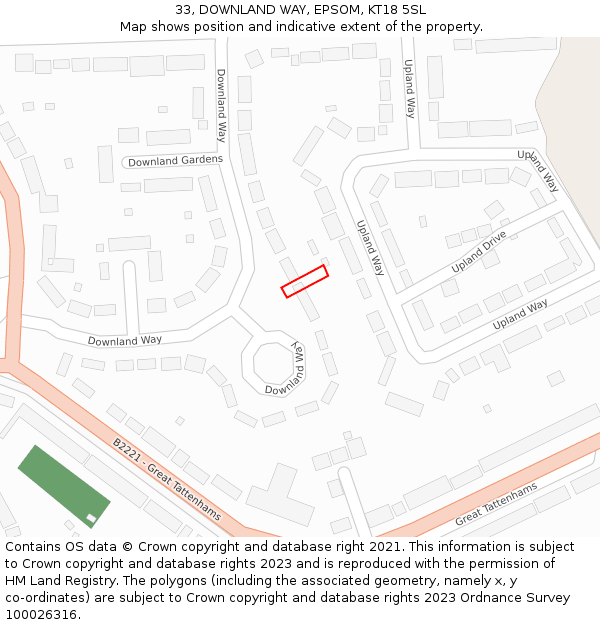 33, DOWNLAND WAY, EPSOM, KT18 5SL: Location map and indicative extent of plot