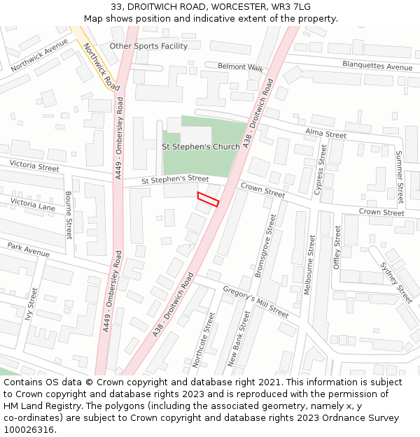 33, DROITWICH ROAD, WORCESTER, WR3 7LG: Location map and indicative extent of plot