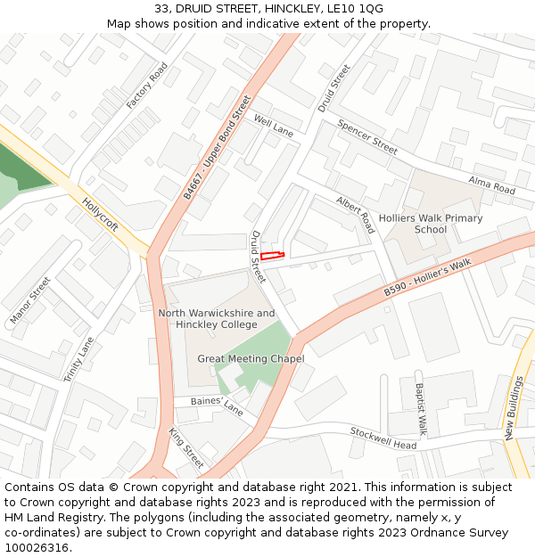 33, DRUID STREET, HINCKLEY, LE10 1QG: Location map and indicative extent of plot
