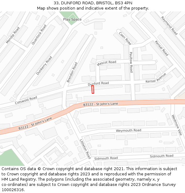 33, DUNFORD ROAD, BRISTOL, BS3 4PN: Location map and indicative extent of plot