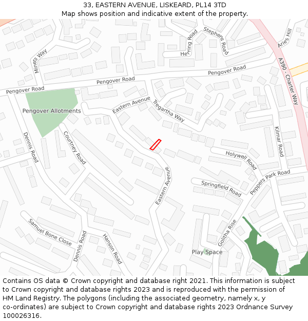 33, EASTERN AVENUE, LISKEARD, PL14 3TD: Location map and indicative extent of plot