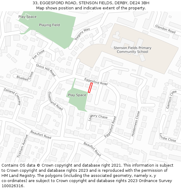 33, EGGESFORD ROAD, STENSON FIELDS, DERBY, DE24 3BH: Location map and indicative extent of plot
