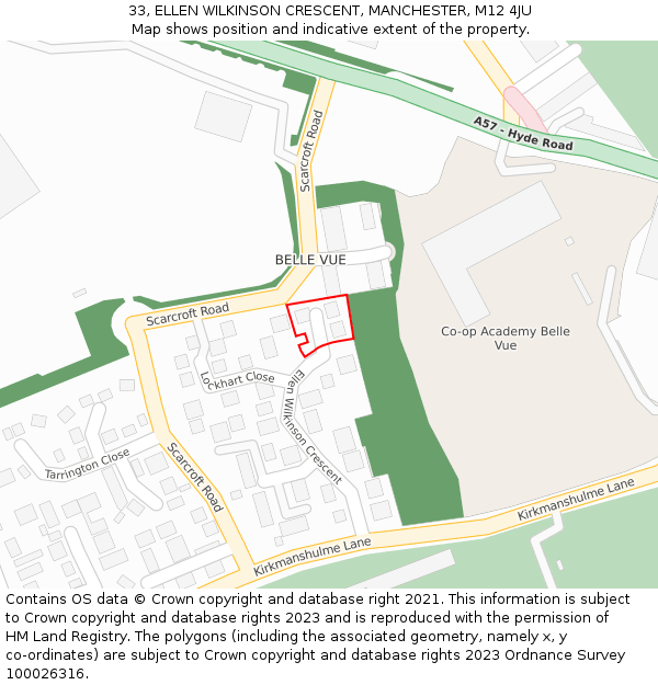 33, ELLEN WILKINSON CRESCENT, MANCHESTER, M12 4JU: Location map and indicative extent of plot