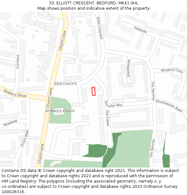 33, ELLIOTT CRESCENT, BEDFORD, MK41 0HL: Location map and indicative extent of plot