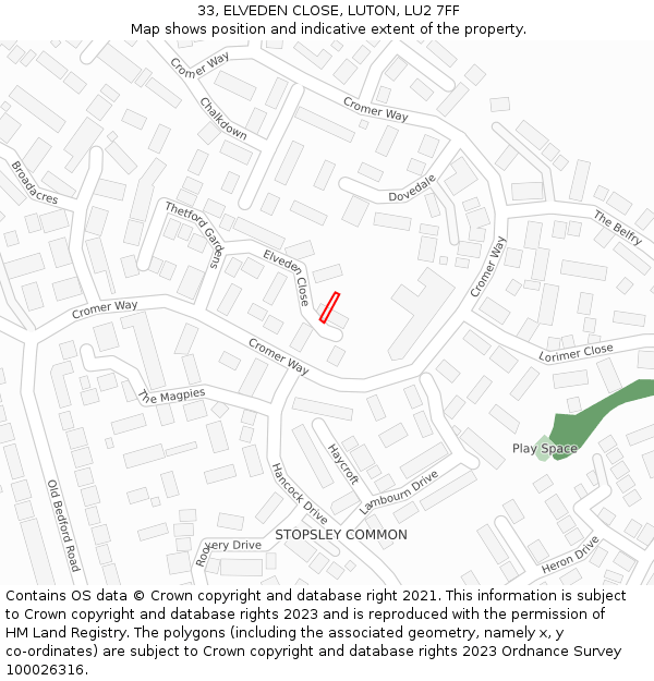 33, ELVEDEN CLOSE, LUTON, LU2 7FF: Location map and indicative extent of plot