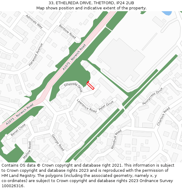 33, ETHELREDA DRIVE, THETFORD, IP24 2UB: Location map and indicative extent of plot