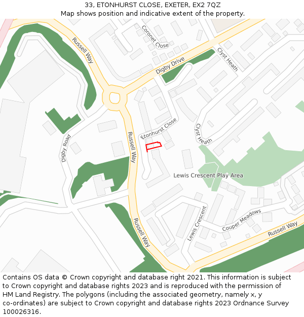 33, ETONHURST CLOSE, EXETER, EX2 7QZ: Location map and indicative extent of plot
