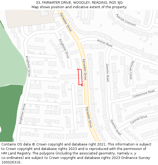 33, FAIRWATER DRIVE, WOODLEY, READING, RG5 3JG: Location map and indicative extent of plot