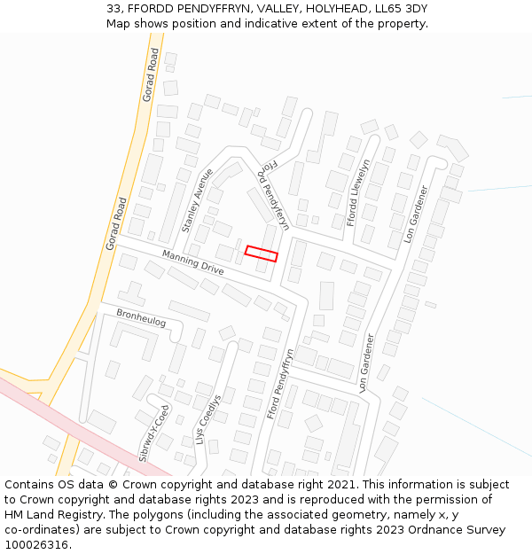 33, FFORDD PENDYFFRYN, VALLEY, HOLYHEAD, LL65 3DY: Location map and indicative extent of plot