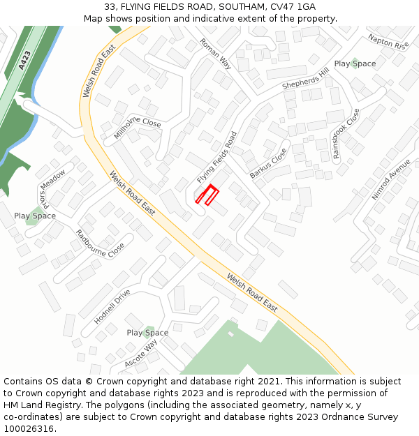 33, FLYING FIELDS ROAD, SOUTHAM, CV47 1GA: Location map and indicative extent of plot