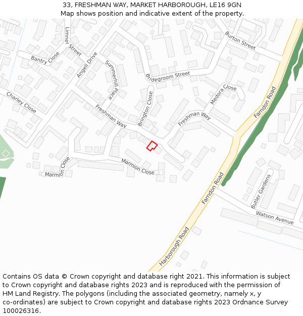 33, FRESHMAN WAY, MARKET HARBOROUGH, LE16 9GN: Location map and indicative extent of plot