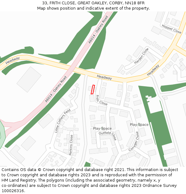 33, FRITH CLOSE, GREAT OAKLEY, CORBY, NN18 8FR: Location map and indicative extent of plot