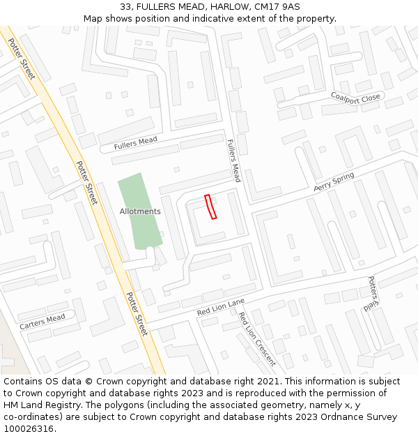 33, FULLERS MEAD, HARLOW, CM17 9AS: Location map and indicative extent of plot