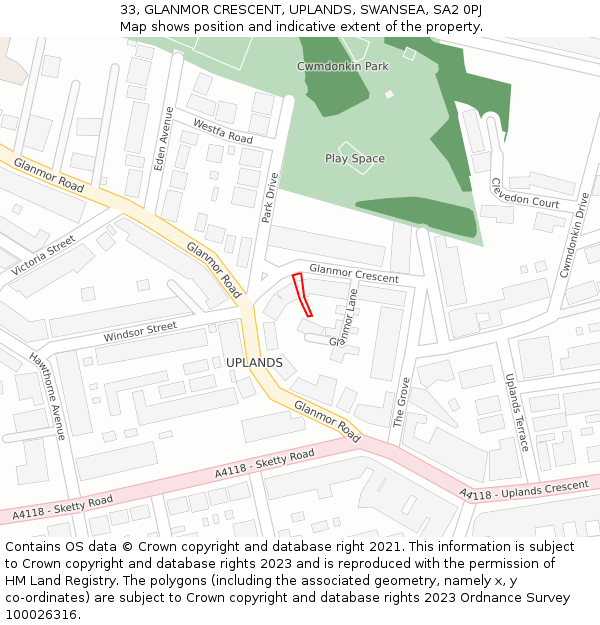 33, GLANMOR CRESCENT, UPLANDS, SWANSEA, SA2 0PJ: Location map and indicative extent of plot