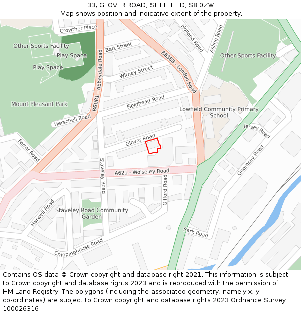 33, GLOVER ROAD, SHEFFIELD, S8 0ZW: Location map and indicative extent of plot