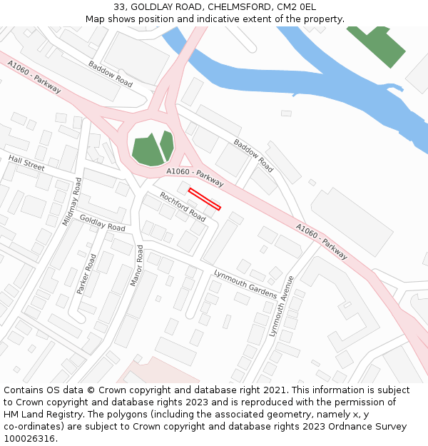 33, GOLDLAY ROAD, CHELMSFORD, CM2 0EL: Location map and indicative extent of plot