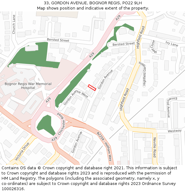 33, GORDON AVENUE, BOGNOR REGIS, PO22 9LH: Location map and indicative extent of plot