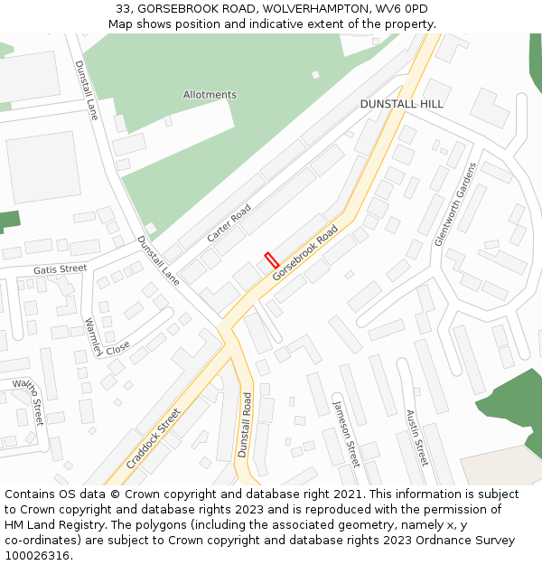 33, GORSEBROOK ROAD, WOLVERHAMPTON, WV6 0PD: Location map and indicative extent of plot