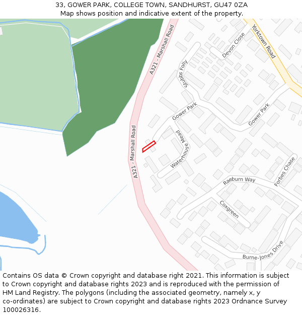 33, GOWER PARK, COLLEGE TOWN, SANDHURST, GU47 0ZA: Location map and indicative extent of plot