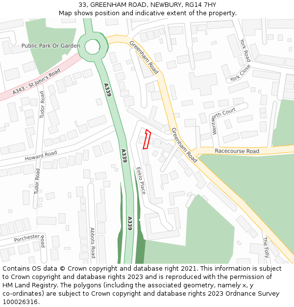 33, GREENHAM ROAD, NEWBURY, RG14 7HY: Location map and indicative extent of plot