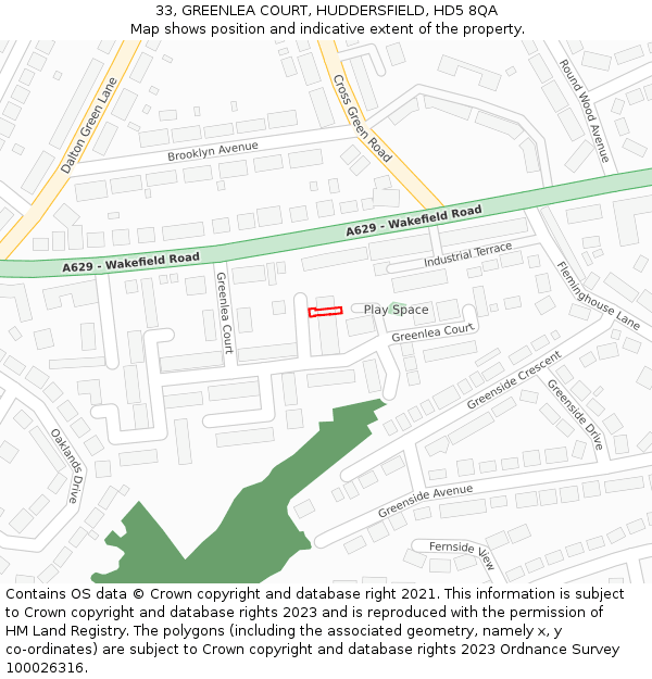 33, GREENLEA COURT, HUDDERSFIELD, HD5 8QA: Location map and indicative extent of plot