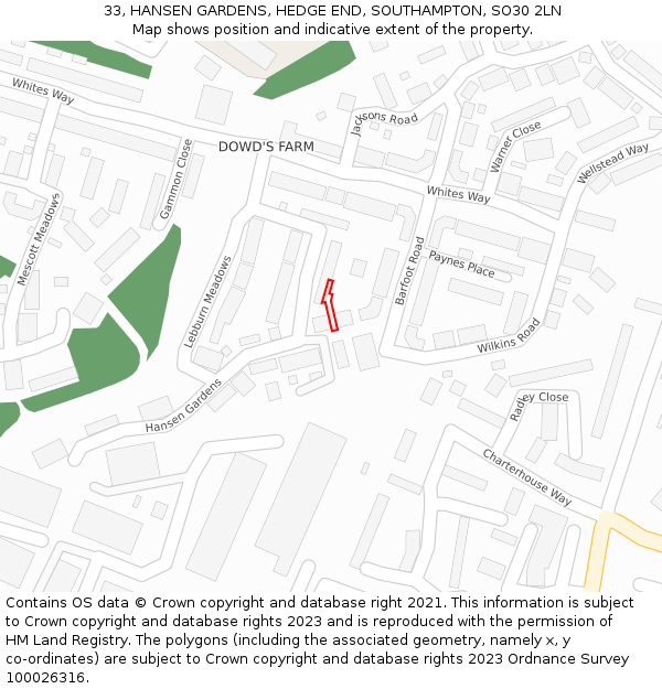 33, HANSEN GARDENS, HEDGE END, SOUTHAMPTON, SO30 2LN: Location map and indicative extent of plot