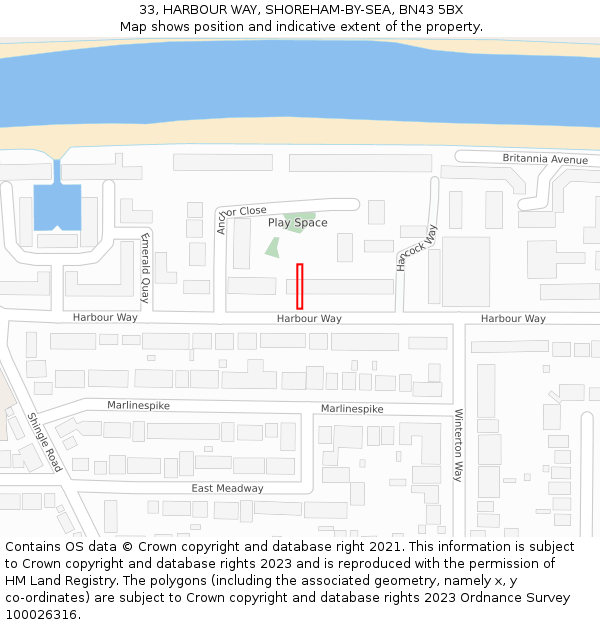33, HARBOUR WAY, SHOREHAM-BY-SEA, BN43 5BX: Location map and indicative extent of plot
