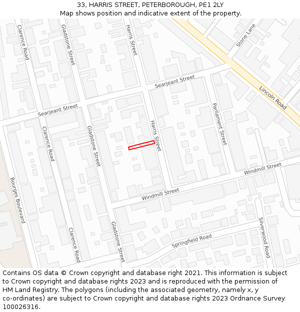 33, HARRIS STREET, PETERBOROUGH, PE1 2LY: Location map and indicative extent of plot