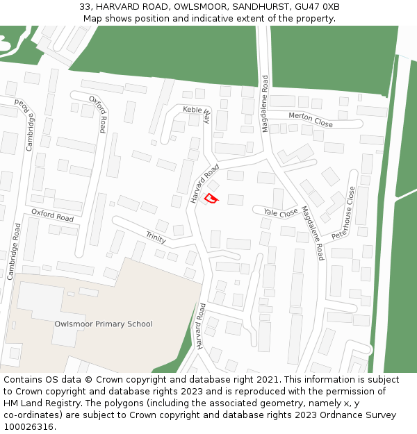 33, HARVARD ROAD, OWLSMOOR, SANDHURST, GU47 0XB: Location map and indicative extent of plot