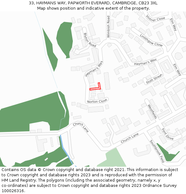 33, HAYMANS WAY, PAPWORTH EVERARD, CAMBRIDGE, CB23 3XL: Location map and indicative extent of plot