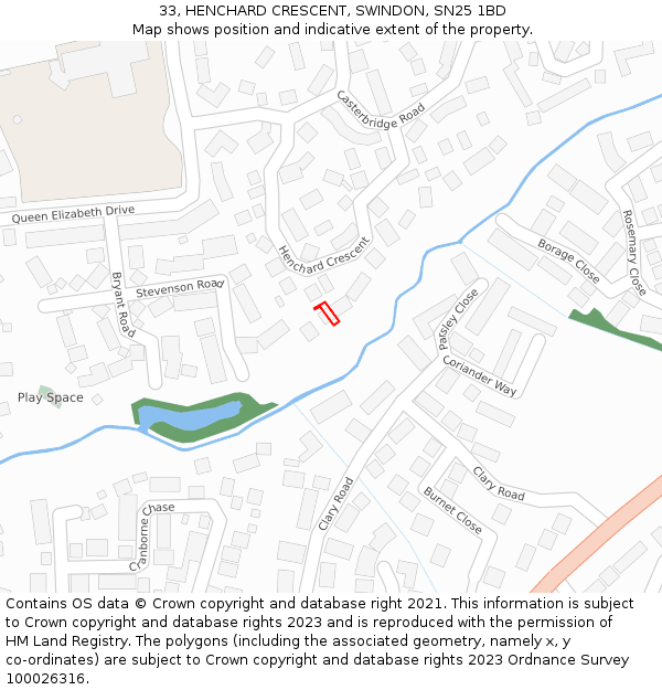 33, HENCHARD CRESCENT, SWINDON, SN25 1BD: Location map and indicative extent of plot