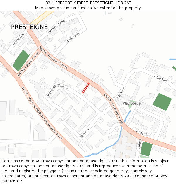 33, HEREFORD STREET, PRESTEIGNE, LD8 2AT: Location map and indicative extent of plot