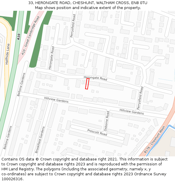 33, HERONGATE ROAD, CHESHUNT, WALTHAM CROSS, EN8 0TU: Location map and indicative extent of plot
