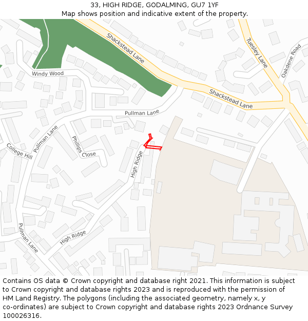 33, HIGH RIDGE, GODALMING, GU7 1YF: Location map and indicative extent of plot