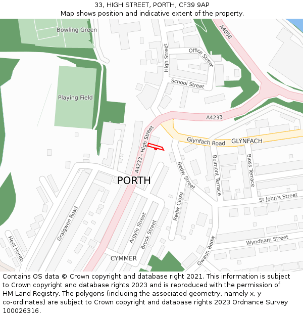 33, HIGH STREET, PORTH, CF39 9AP: Location map and indicative extent of plot