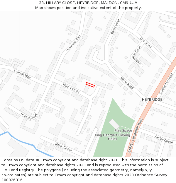 33, HILLARY CLOSE, HEYBRIDGE, MALDON, CM9 4UA: Location map and indicative extent of plot