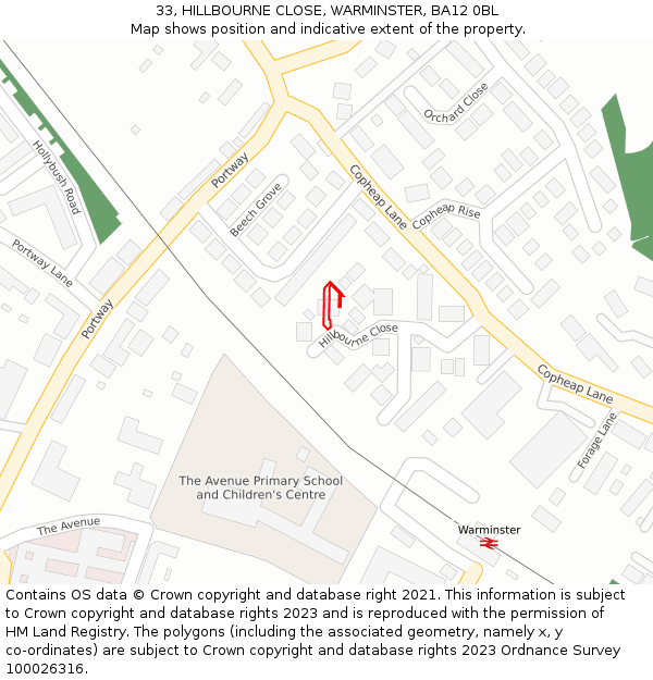 33, HILLBOURNE CLOSE, WARMINSTER, BA12 0BL: Location map and indicative extent of plot