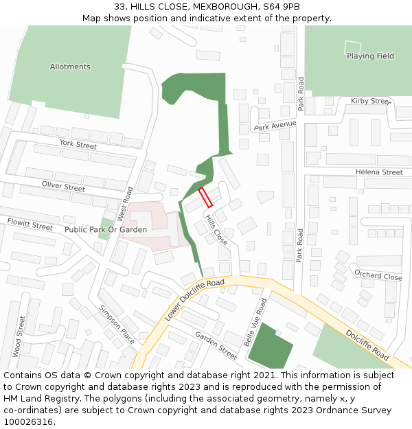 33, HILLS CLOSE, MEXBOROUGH, S64 9PB: Location map and indicative extent of plot